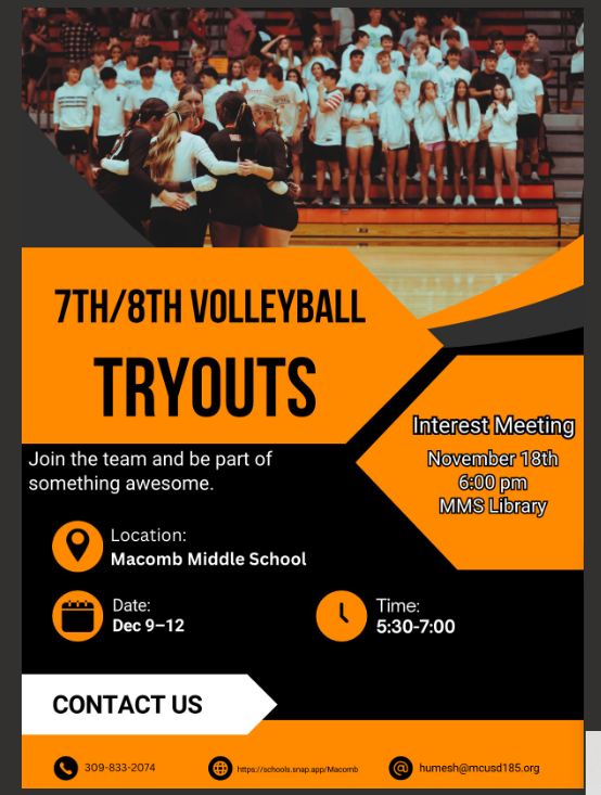 Tryouts for MMS Volleyball team  Interest Meeting, November 18, 6:00pm at MMS Library (Media Center). #MAC185   #macombm…