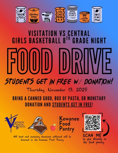 Visitation Girls Basketball Support the Kewanee Food Bank with Donations Tonight, November 13, 2025