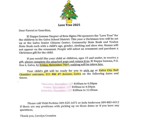 Love Tree Program Needs Santa Helpers to Fill Holiday Tags for Galva School District Children