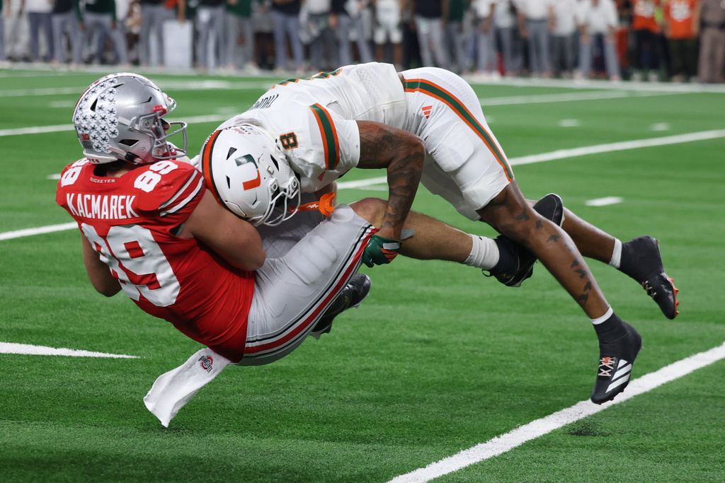 Miami beats defending champion Ohio State 24-14 in the Cotton Bowl to advance to the CFP semifinals