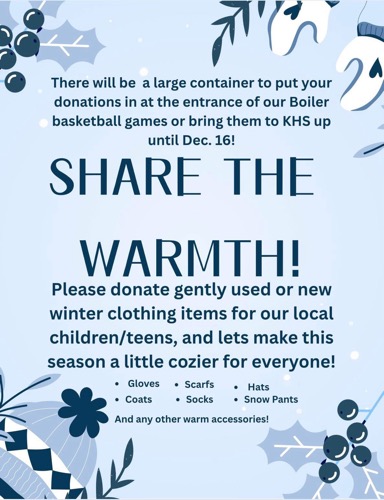 Donate Winter Jackets to Support the “Share the Warmth” Service Project at KHS Through December 16, 2025