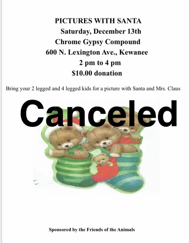 Friends of the Animals’ Pics with Santa Cancelled Today, December 13, 2025