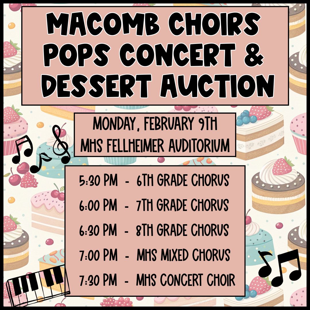 Mark your calendars! Next Monday, Feb. 9th enjoy an evening of entertainment and desserts!🧡🖤 #MAC185