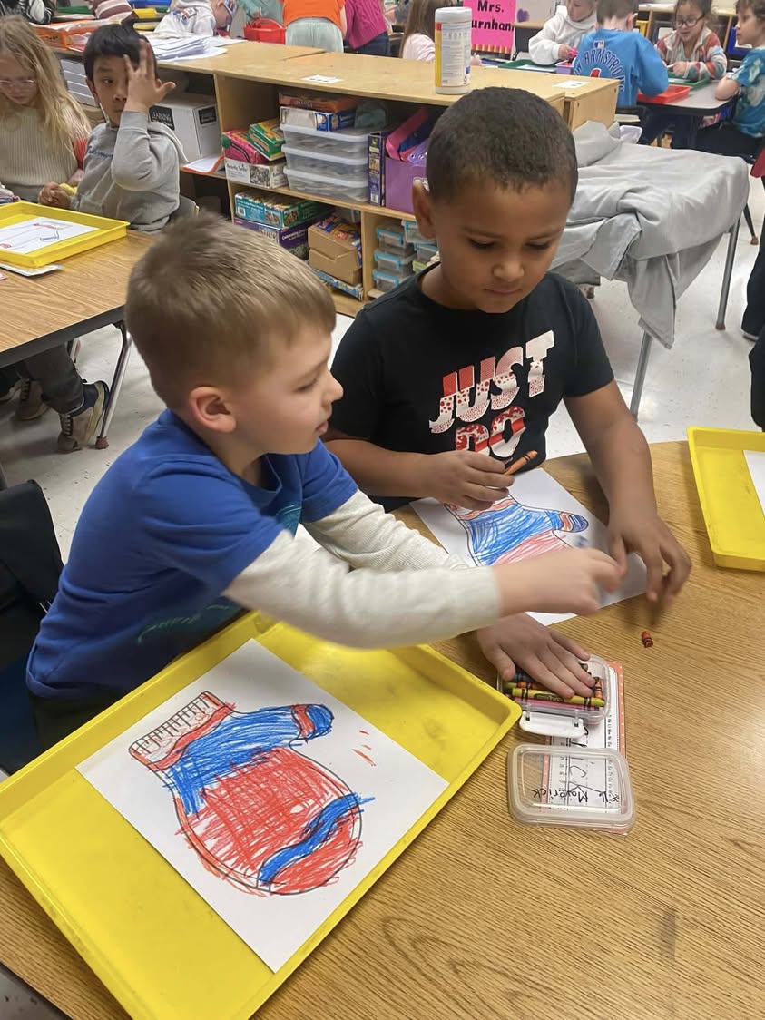 Ms. Mahr’s 1st graders and Mrs. Burnham’s kindergartners worked together on a project.