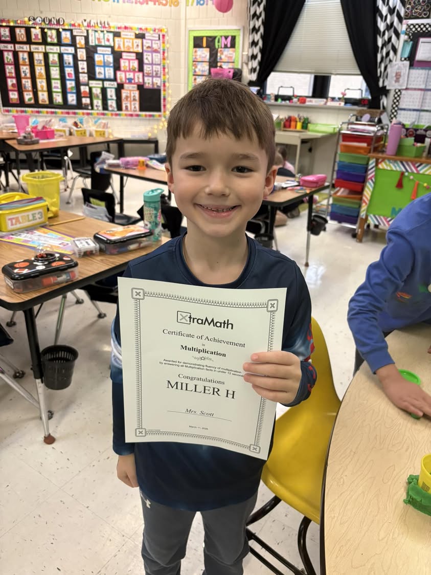 Miller Huston, a 1st grader in Mrs. Scott’s class, has mastered his multiplication facts!