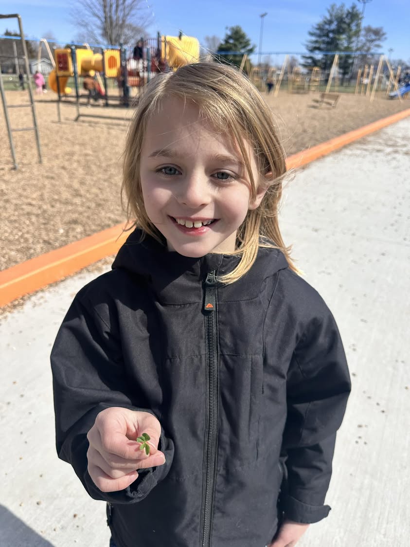 Luna from Mrs. Baxter’s class found a four-leaf clover at recess today.