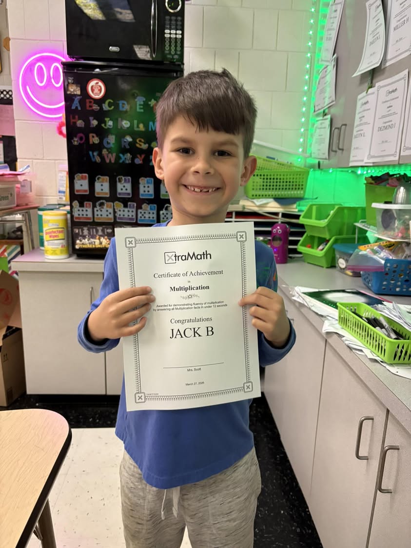 Jack Bryant, a 1st grader in Mrs. Scott’s class, has mastered his multiplication facts!