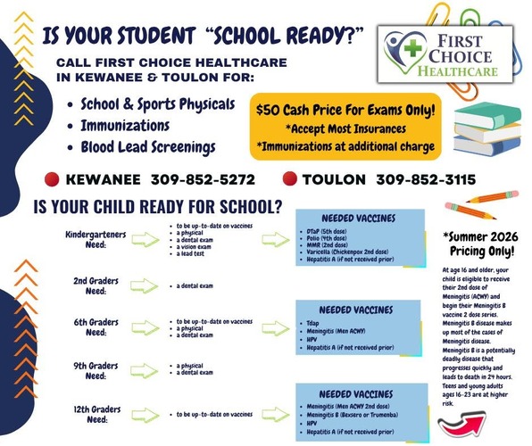 School and Sports Physicals Available This Summer in Kewanee and Toulon